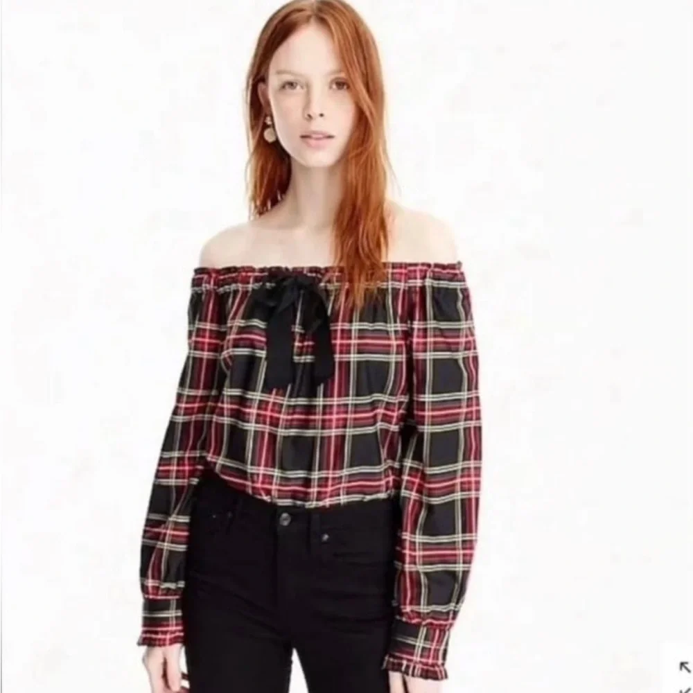 J. Crew Stewart Tartan Plaid Off-Shoulder Adjustable Tie Blouse
